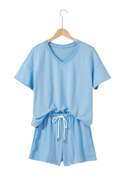 Myosotis V Neck Drop Shoulder Tee and Patchwork Shorts Set