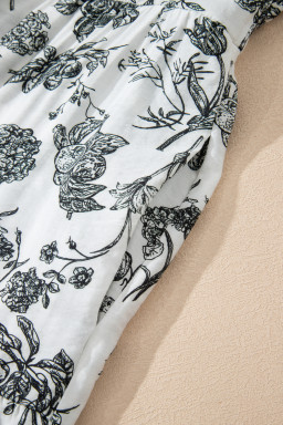 Black Floral Print Piping Trim Notched Neck Ruffle Sleeve Plus Size Dress