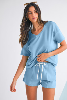 Myosotis V Neck Drop Shoulder Tee and Patchwork Shorts Set
