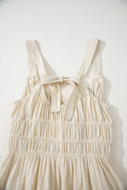 Beige Ruched High Waist Sleeveless Wide Leg Jumpsuit