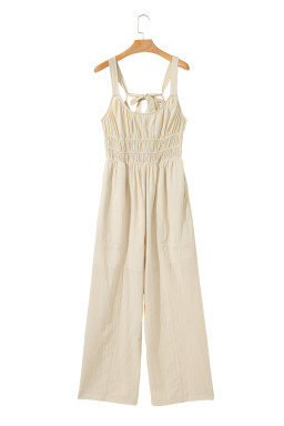 Beige Ruched High Waist Sleeveless Wide Leg Jumpsuit