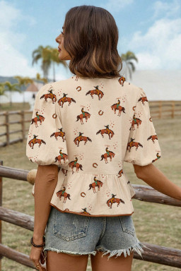 Apricot Cowboy Print Puff Sleeve Bowknot Babydoll Blouse