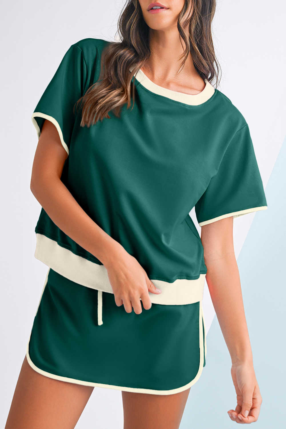 Evergreen Colorblock Edge Drop Shoulder T Shirt and Skort 2Pcs Set