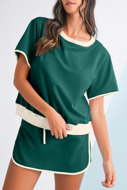 Evergreen Colorblock Edge Drop Shoulder T Shirt and Skort 2Pcs Set