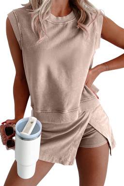 Smoke Gray 2 Pieces Mineral Wash Cotton Tank Top Lined Split Skort Set