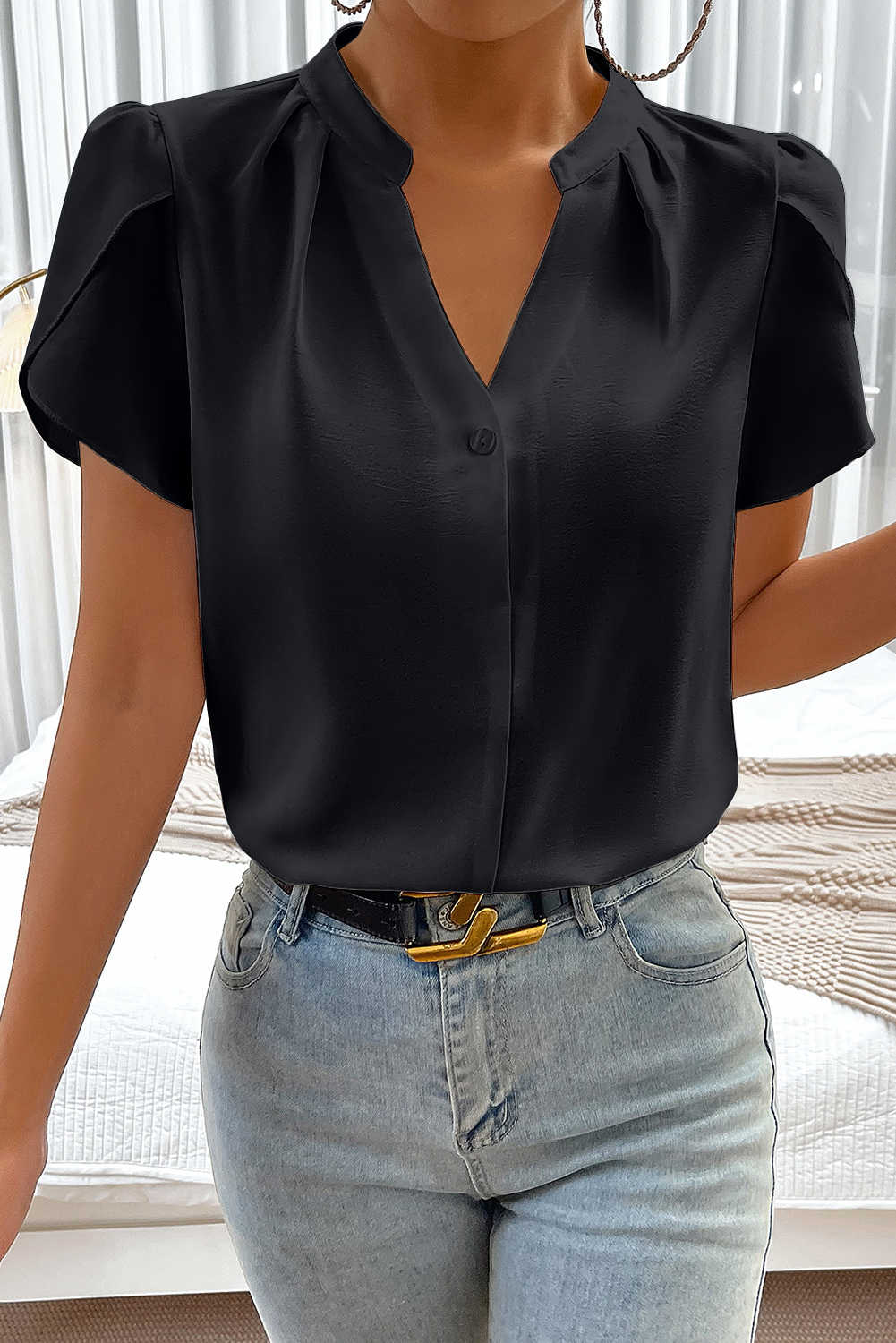 Black Button Notched Neck Petal Sleeve Blouse