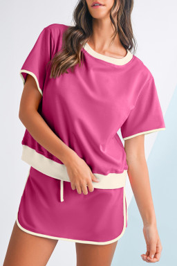 Rose Red Colorblock Edge Drop Shoulder T Shirt and Skort 2Pcs Set