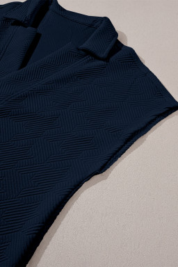 Navy Blue Textured V Neck Collared Slit Hem T Shirt