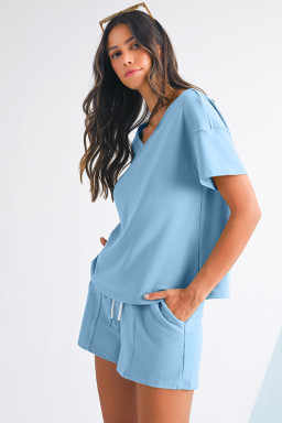 Myosotis V Neck Drop Shoulder Tee and Patchwork Shorts Set