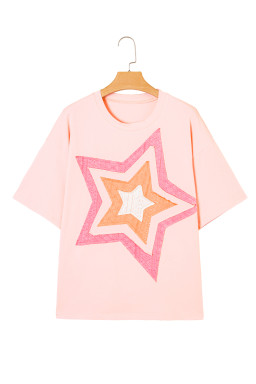 Light Pink Eyelet Colorblock Star Applique Plus Size T Shirt