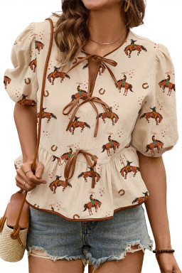 Apricot Cowboy Print Puff Sleeve Bowknot Babydoll Blouse