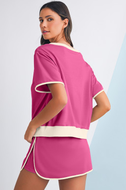 Rose Red Colorblock Edge Drop Shoulder T Shirt and Skort 2Pcs Set