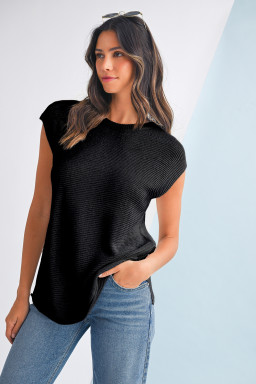 Black Solid Color Side Slits Knit Tee