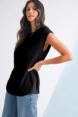 Black Solid Color Side Slits Knit Tee