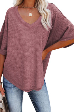 Rose Exposed Seam Drop Sleeve V Neck Waffle Textured Top
