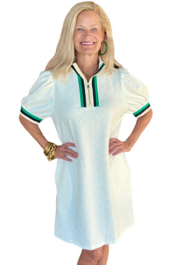 White Pop of Color Neckline Checkered Textured Puff Sleeve Mini Dress