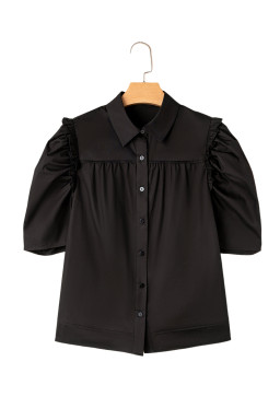 Black Solid Color Puff Sleeve Stylish Collared Shirt