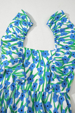 Blue Floral Print Square Neck Ruffled Strap Maxi Dress