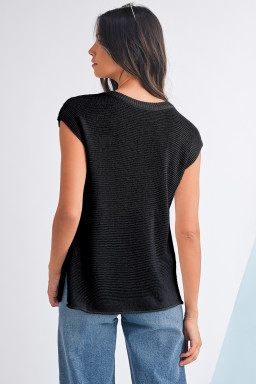 Black Solid Color Side Slits Knit Tee