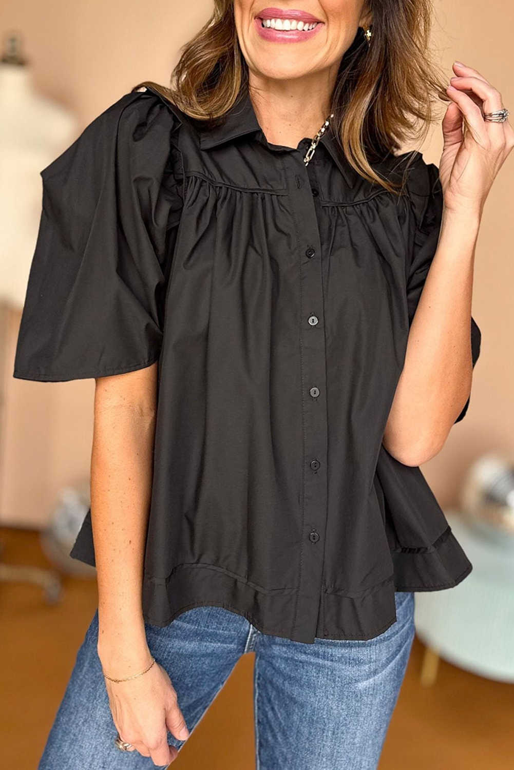 Black Solid Color Puff Sleeve Stylish Collared Shirt