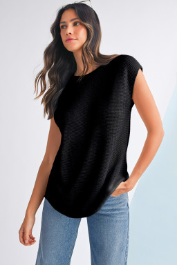 Black Solid Color Side Slits Knit Tee