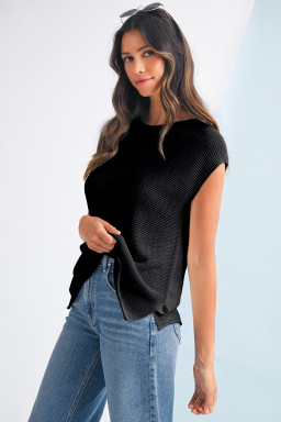 Black Solid Color Side Slits Knit Tee