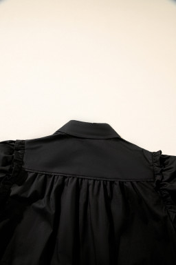 Black Solid Color Puff Sleeve Stylish Collared Shirt
