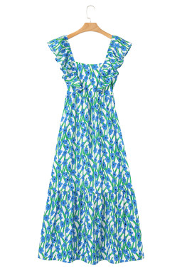 Blue Floral Print Square Neck Ruffled Strap Maxi Dress