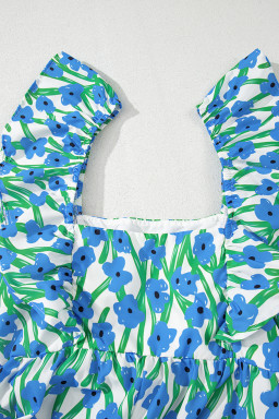 Blue Floral Print Square Neck Ruffled Strap Maxi Dress