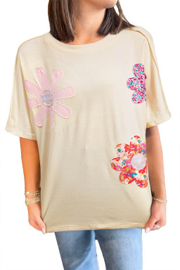 Apricot Flower Patched Exposed Stitching Trim Loose Tee