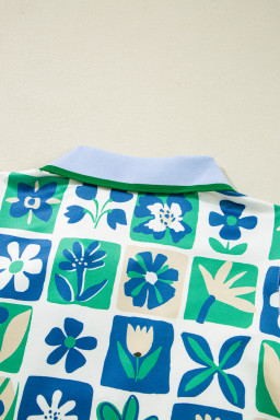 Green Floral Plaid Colorblock Flutter Sleeve Blouse