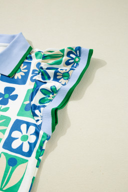 Green Floral Plaid Colorblock Flutter Sleeve Blouse