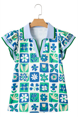 Green Floral Plaid Colorblock Flutter Sleeve Blouse