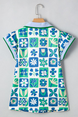 Green Floral Plaid Colorblock Flutter Sleeve Blouse