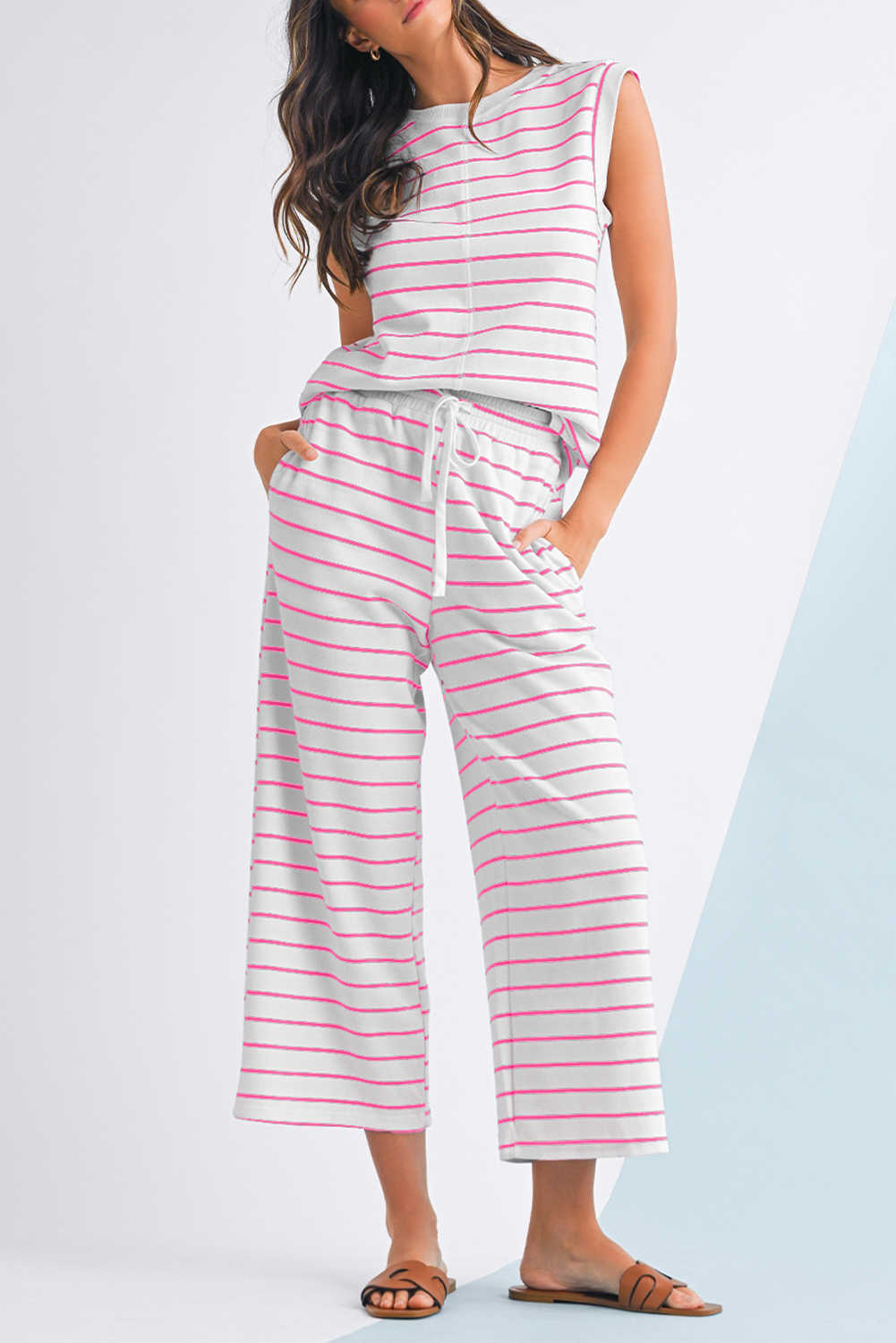 Rose Stripe Casual  Tee and Wide Leg Pants Set