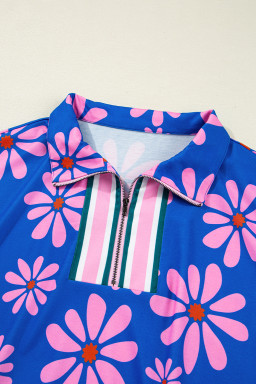 Purple Pop of Color Quarter Zip Collar Drawstring Waist Floral Mini Dress