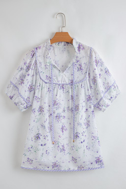 Purple Floral Print Split Neck Plus Size Top