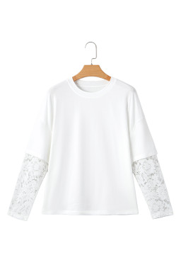 White Fake Two-Piece Lace Long Sleeve Drop Shoulder Tee