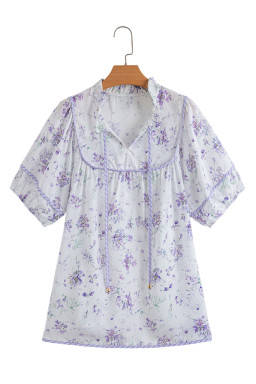 Purple Floral Print Split Neck Plus Size Top