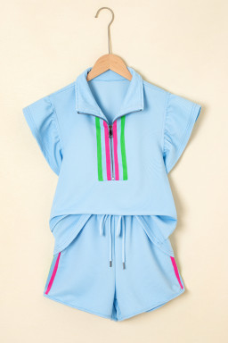 Beau Blue Flutter Sleeve Pop of Color Neckline Top and Shorts Set