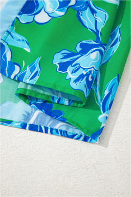 Bright Green Floral Print Ruffle Puff Sleeve Pop of Color Neckline Blouse