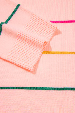 Pink Striped Half Sleeve Drop Shoulder Sweater
