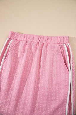 Pink Contrast Trim Textured Crewneck Top and Pocketed Skirt Set