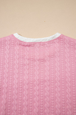 Pink Contrast Trim Textured Crewneck Top and Pocketed Skirt Set