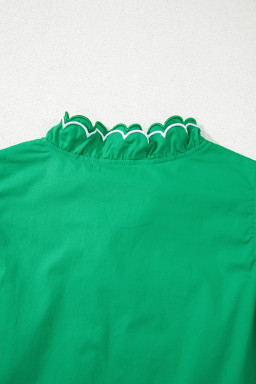 Bright Green Scallop Trim V Neck Layered Short Sleeve Blouse