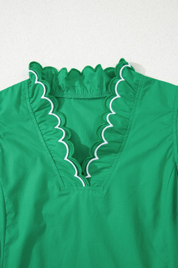 Bright Green Scallop Trim V Neck Layered Short Sleeve Blouse