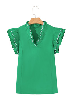 Bright Green Scallop Trim V Neck Layered Short Sleeve Blouse