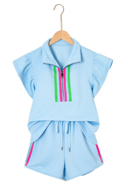 Beau Blue Flutter Sleeve Pop of Color Neckline Top and Shorts Set
