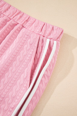 Pink Contrast Trim Textured Crewneck Top and Pocketed Skirt Set