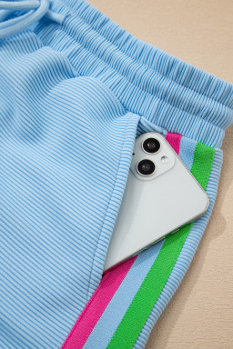 Beau Blue Flutter Sleeve Pop of Color Neckline Top and Shorts Set